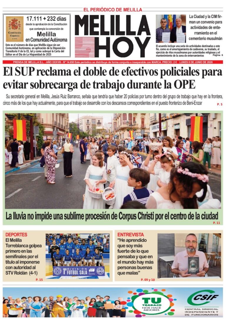Portada del periódico Melilla Hoy del 8 de junio de 2026
