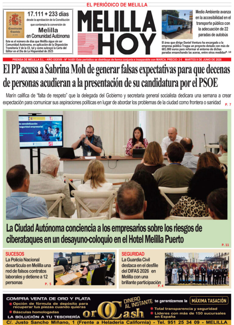 Front page of Melilla Hoy newspaper; main photo shows a panel discussion at a conference in Hotel Melilla Puerto addressing cybersecurity risks.