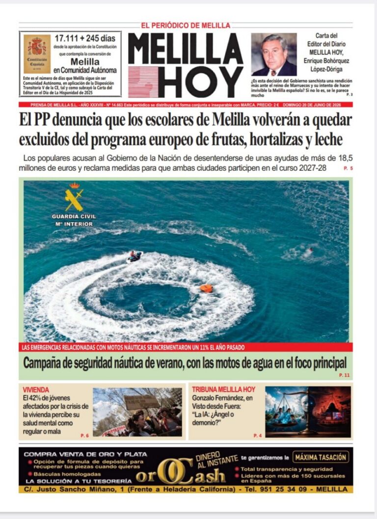 Portada del periódico Melilla Hoy del 21 de junio de 2026 con noticias locales.