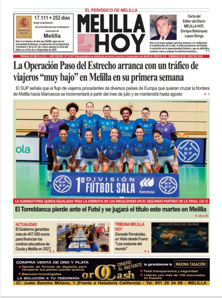 Portada del periódico Melilla Hoy del 28 de junio de 2026