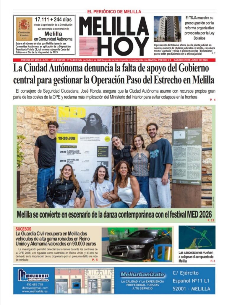 Portada del periódico Melilla Hoy del 20 de junio de 2026
