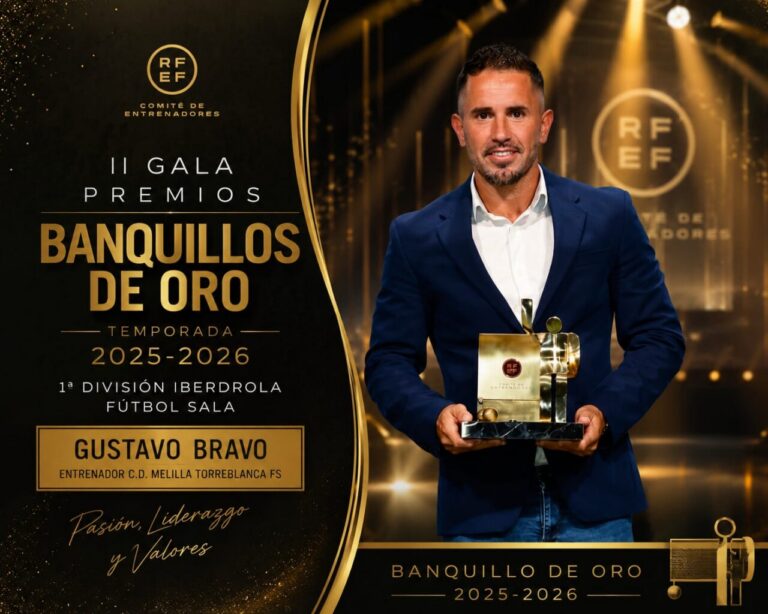 Man in a blue blazer holding a gold trophy at an awards gala with black-gold backdrop and bold text on the left panel