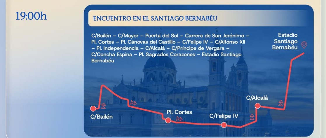 Mapa de ruta peatonal en Madrid con línea roja desde C/ Bailén a Estadio Santiago Bernabéu, pasando por Cortes, Felipe IV y Alcalá; cartel de encuentro.