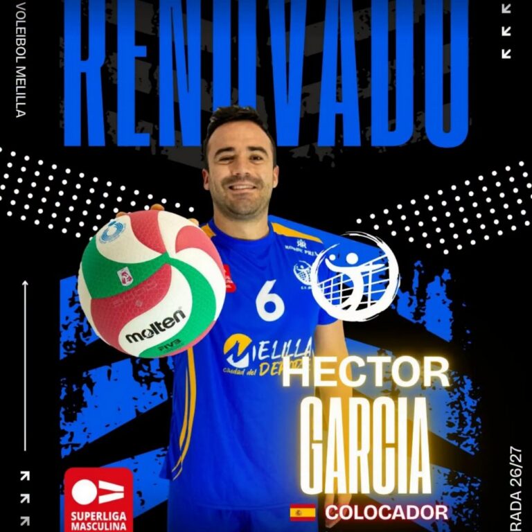 Volleyball player Héctor García (Spain) in blue jersey #6 holds a Molten volleyball on a poster for the Superliga Masculina; includes 'Colocador' (setter).