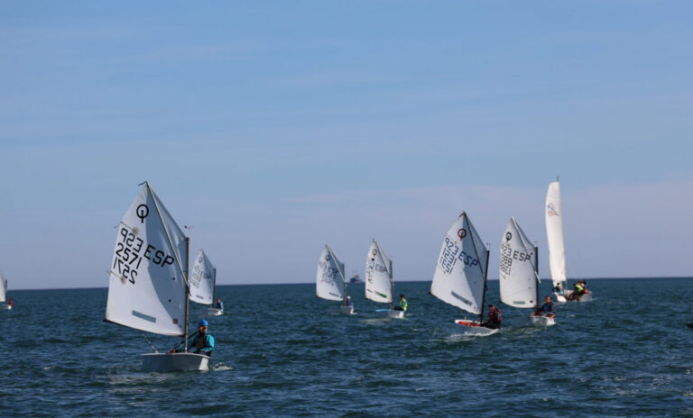 Fleet of small sailboats racing on a blue sea under a clear sky, sails numbered and crews steering decisively.