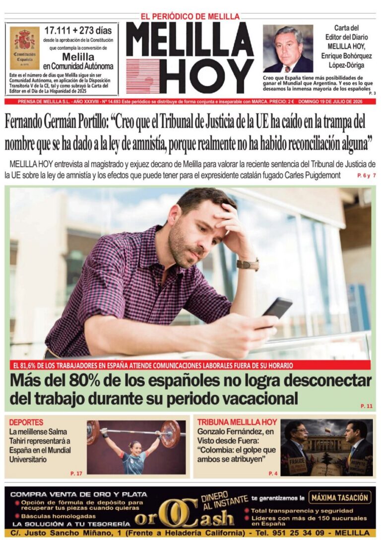 Portada del periódico Melilla Hoy del 19 de julio de 2026