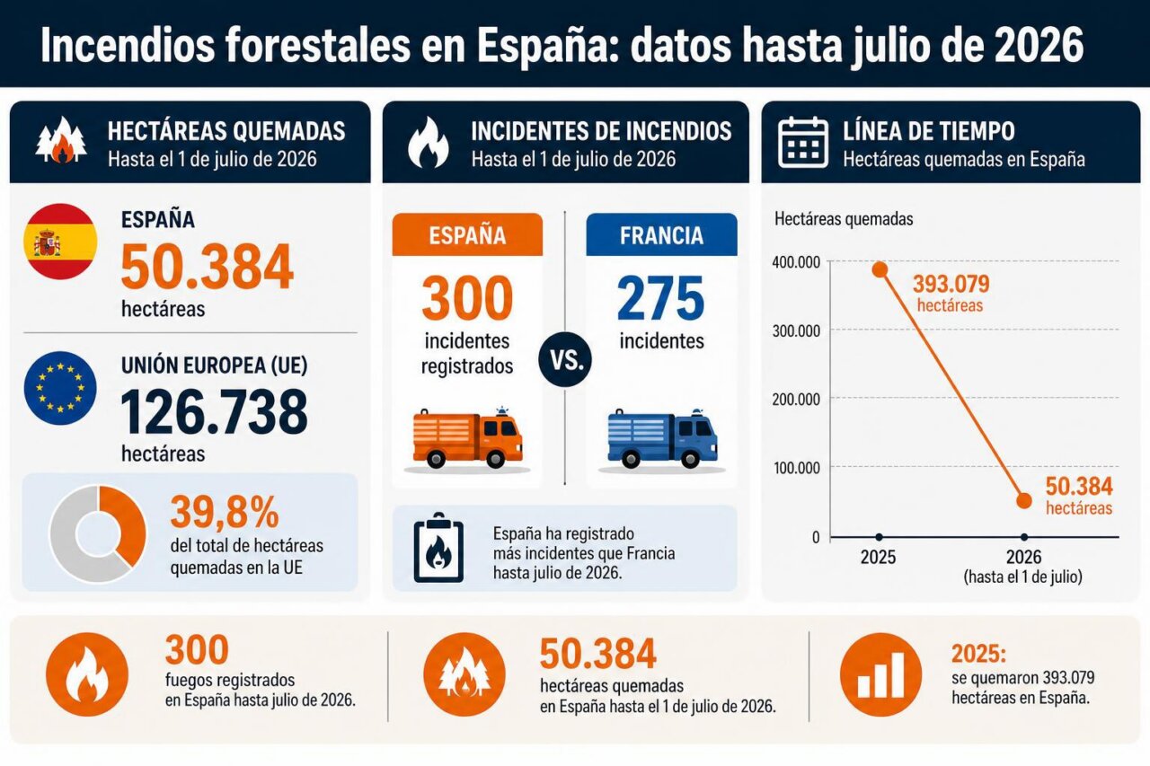 Infografía sobre incendios forestales en España hasta julio de 2026