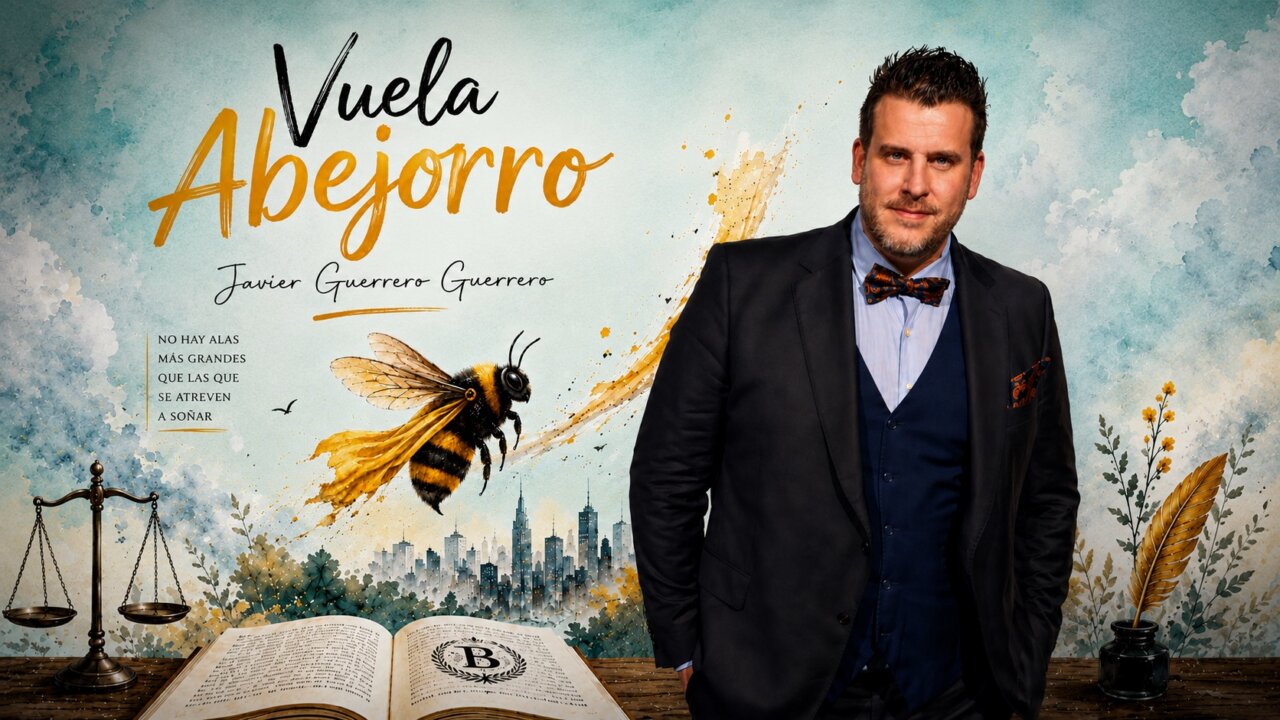 Promotional poster showing a man in a dark suit and bow tie beside an open book, a giant bee, and the title'Vuela Abejorro' in orange script.