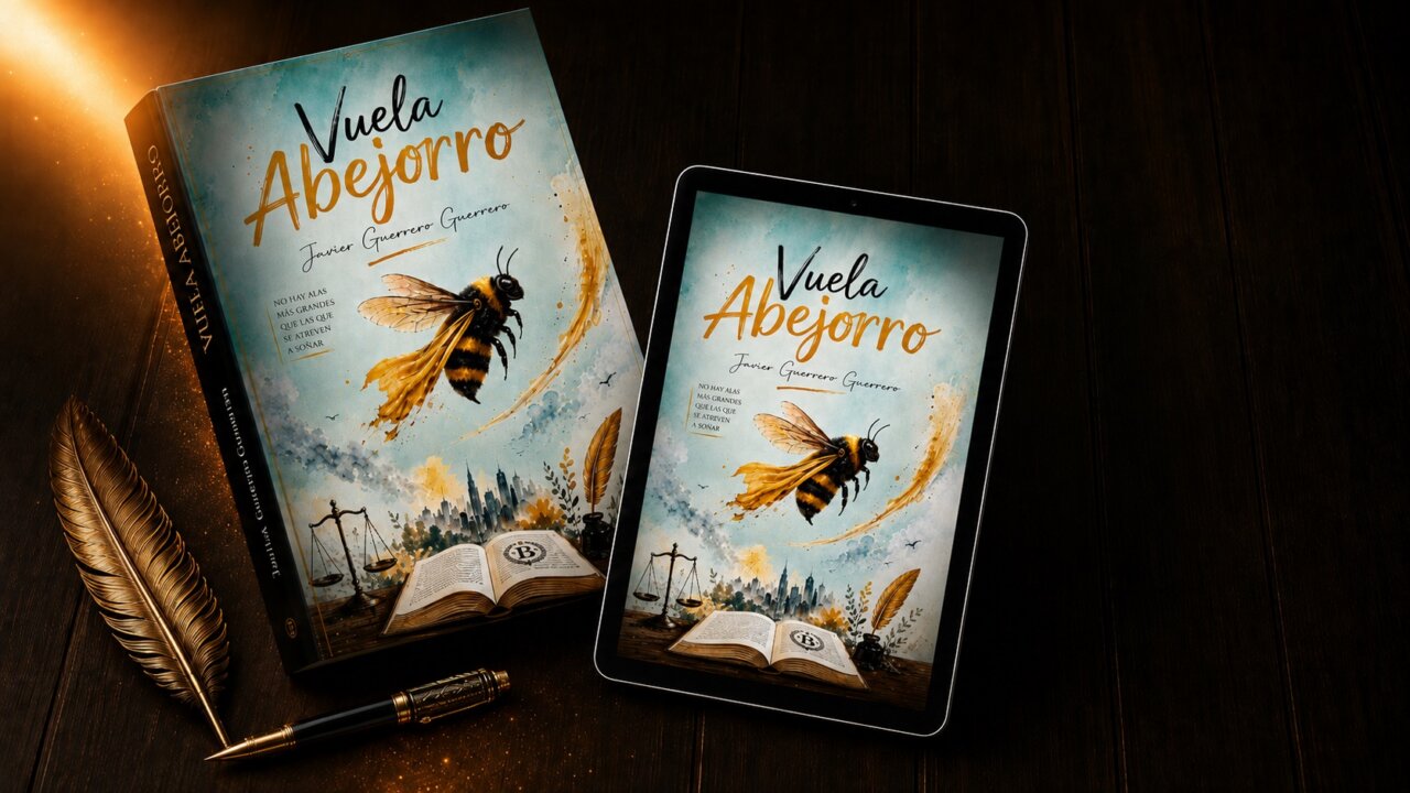 Cover of the book'Vuela Abejorro' shown with a tablet displaying the same cover, plus a golden feather and quill on a dark wooden surface.