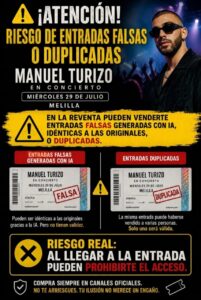 Cartel de advertencia sobre entradas falsas para el concierto de Manuel Turizo en Melilla.