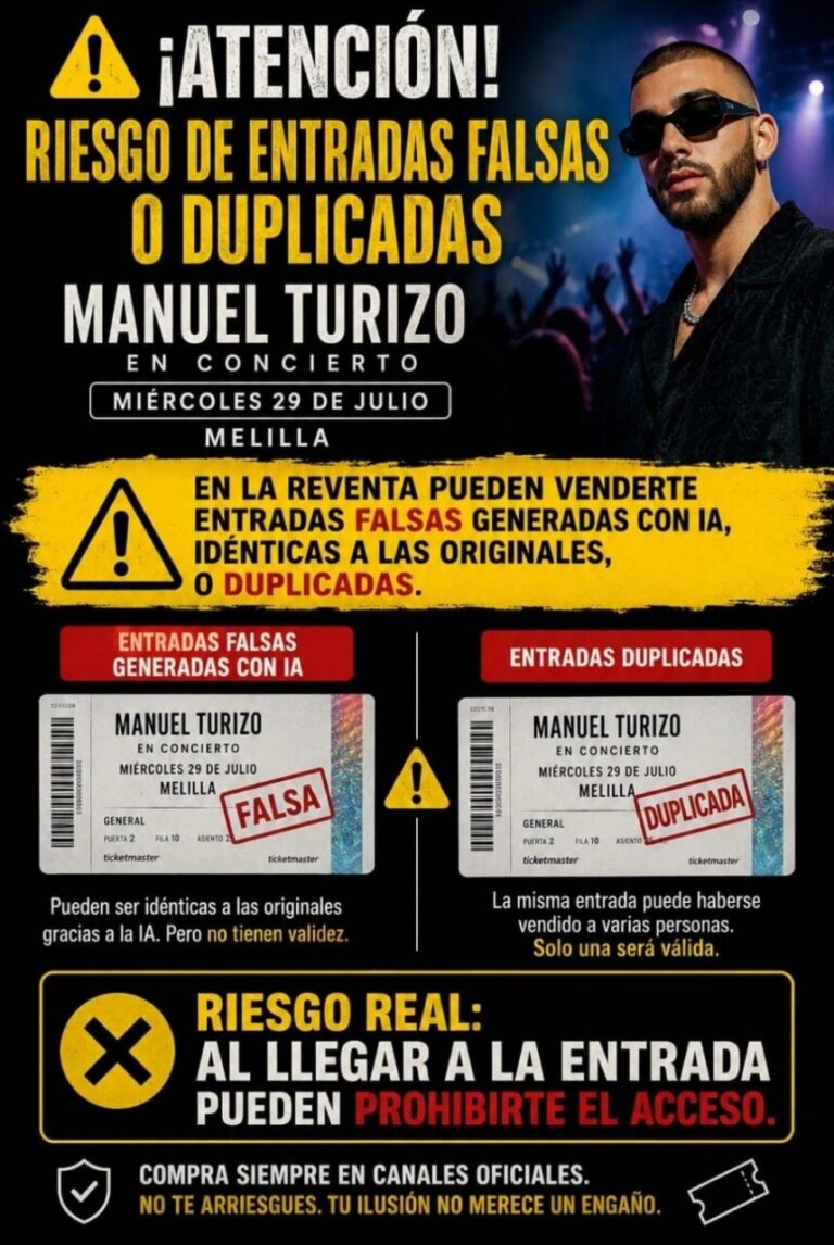 Cartel de advertencia sobre entradas falsas para el concierto de Manuel Turizo en Melilla.