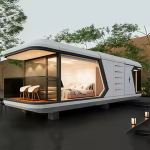 Casa prefabricada móvil moderna con grandes ventanales y terraza.