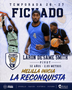 Promotional basketball poster featuring three players in action, with large blue text 'LA RECONQUISTA' and 'MELILLA INICIA' across the bottom.