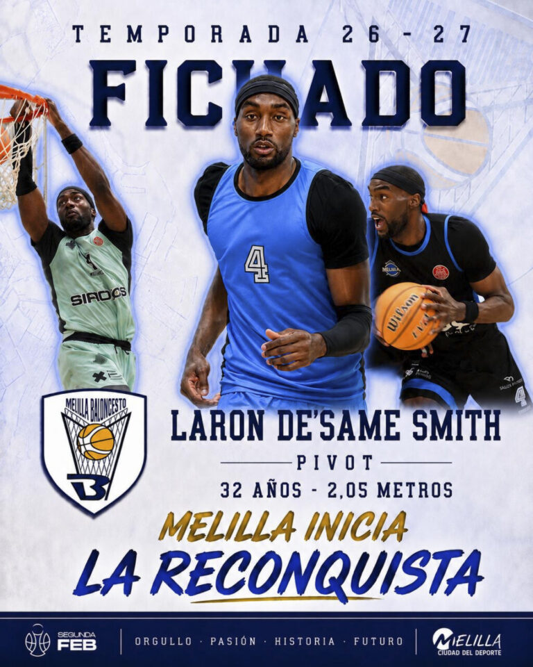 Promotional basketball poster featuring three players in action, with large blue text 'LA RECONQUISTA' and 'MELILLA INICIA' across the bottom.