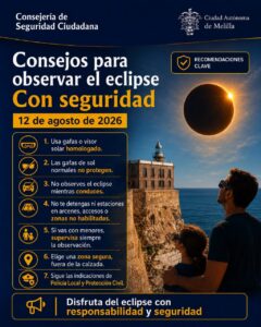 Póster educativo en español con recomendaciones de seguridad para observar el eclipse del 12 de agosto de 2026; personas con gafas homologadas mirando el sol.