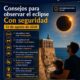 Póster educativo en español con recomendaciones de seguridad para observar el eclipse del 12 de agosto de 2026; personas con gafas homologadas mirando el sol.