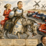 Ilustración satírica sobre política y economía en Melilla con personajes históricos.