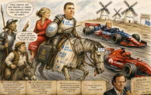 Ilustración satírica sobre política y economía en Melilla con personajes históricos.