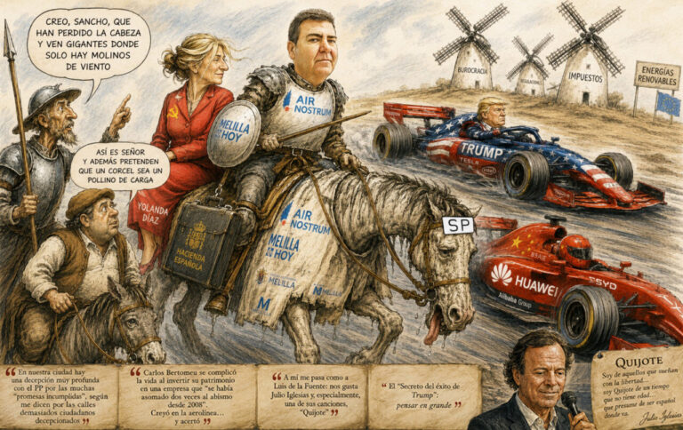 Ilustración satírica sobre política y economía en Melilla con personajes históricos.