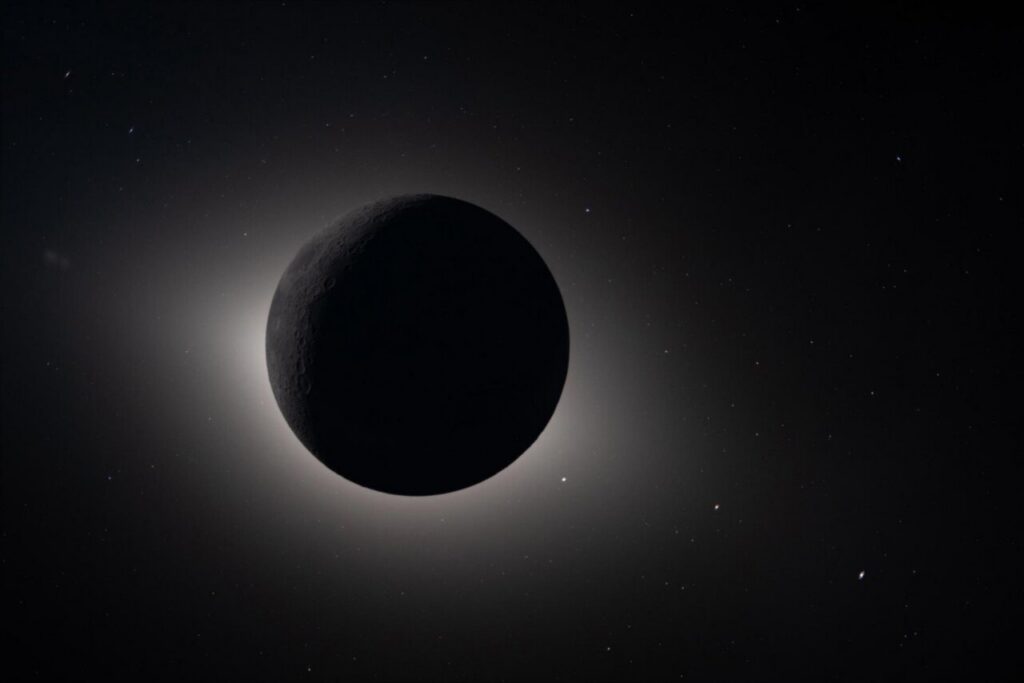Eclipse solar total visto desde la Tierra con la luna oscureciendo el sol.