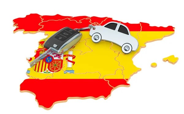 Mapa de España con un coche y llaves sobre él