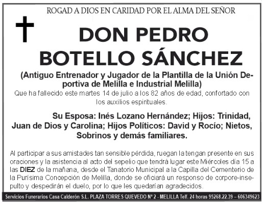 Esquela de Don Pedro Botello Sánchez, entrenador y jugador de fútbol.