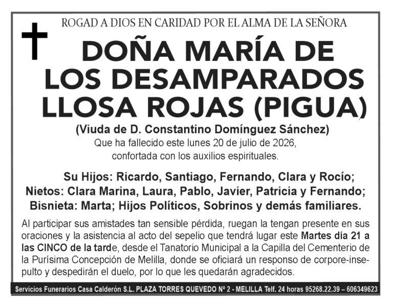 Funeral notice in Spanish with a black border and cross: Doña María de los Desamparados Llosa Rojas (Pigua), widow of D. Constantino Domínguez Sánchez; lists children and relatives; service Tuesday 21 at 5 p.m. at the Tanatorio Municipal de Melilla; bottom contact info.