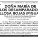 Funeral notice in Spanish with a black border and cross: Doña María de los Desamparados Llosa Rojas (Pigua), widow of D. Constantino Domínguez Sánchez; lists children and relatives; service Tuesday 21 at 5 p.m. at the Tanatorio Municipal de Melilla; bottom contact info.