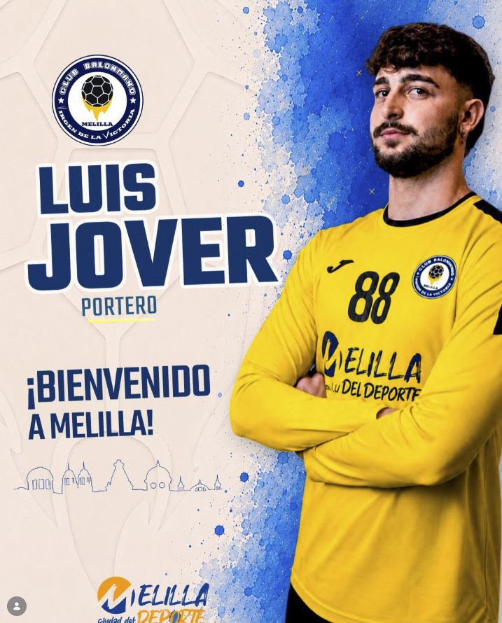 Portrait of Luis Jover, Melilla goalkeeper (#88) in a yellow jersey; club crest and the text ‘¡Bienvenido a Melilla!’ in the background.