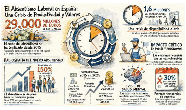 Infografía sobre el absentismo laboral en España y su impacto económico