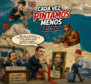 Ilustración sobre la política en Gibraltar y España con personajes caricaturizados.