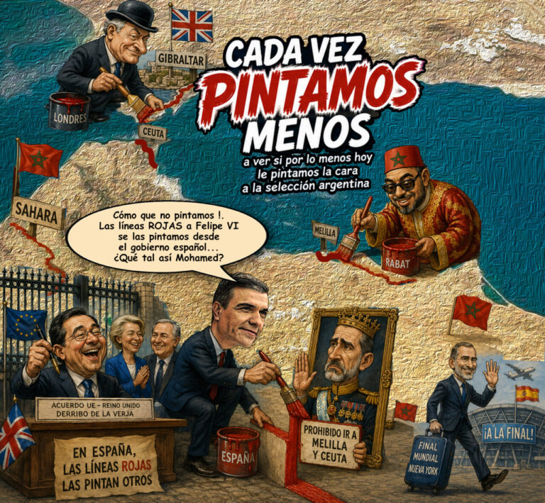 Ilustración sobre la política en Gibraltar y España con personajes caricaturizados.