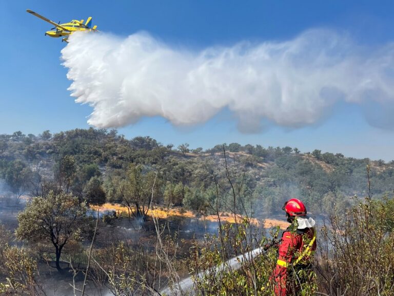 Avión apagafuegos sobre un incendio forestal con bombero en primer plano
