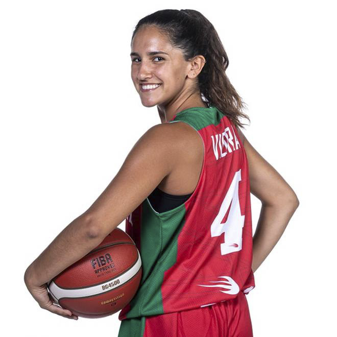 Inés Vieira posando con un balón de baloncesto en su uniforme