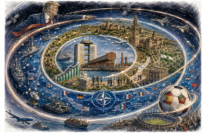 Surreal illustration showing NATO as a glowing ring around Earth, with Trump pointing, international flags, ships, planes, and a large soccer ball.