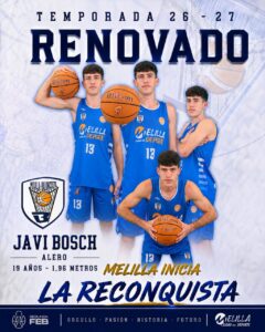 Javi Bosch, jugador de baloncesto, posando con balón en uniforme del Club Melilla Baloncesto.