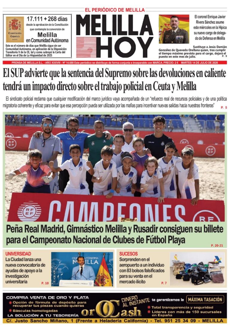 Portada del periódico Melilla Hoy del 14 de julio de 2026