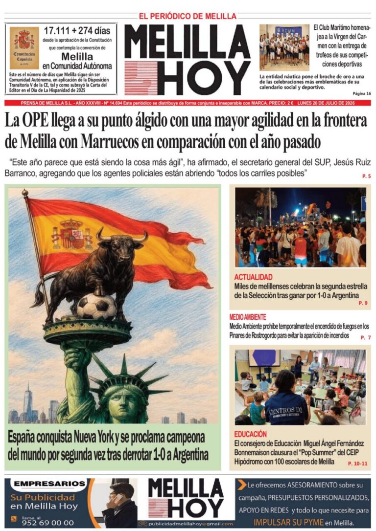 Portada del periódico Melilla Hoy del 20 de julio de 2026