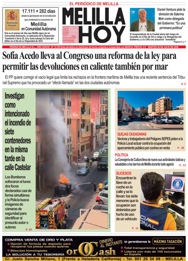 Front page of the Spanish newspaper Melilla Hoy with a bold main headline about a reform, and a central photo showing a smoky street fire with emergency responders nearby.