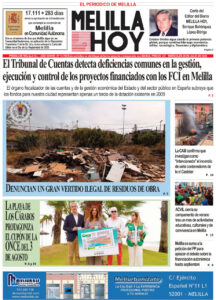 Portada del diario El Melilla Hoy con titular principal sobre deficiencias y tres imágenes: escombros junto a un recinto, y un grupo con un premio en la playa; página de actualidad local.
