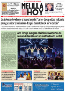 Front page of Melilla Hoy with a bold headline about hospital capacity and a large concert photo showing performers holding hands on stage at center-right.