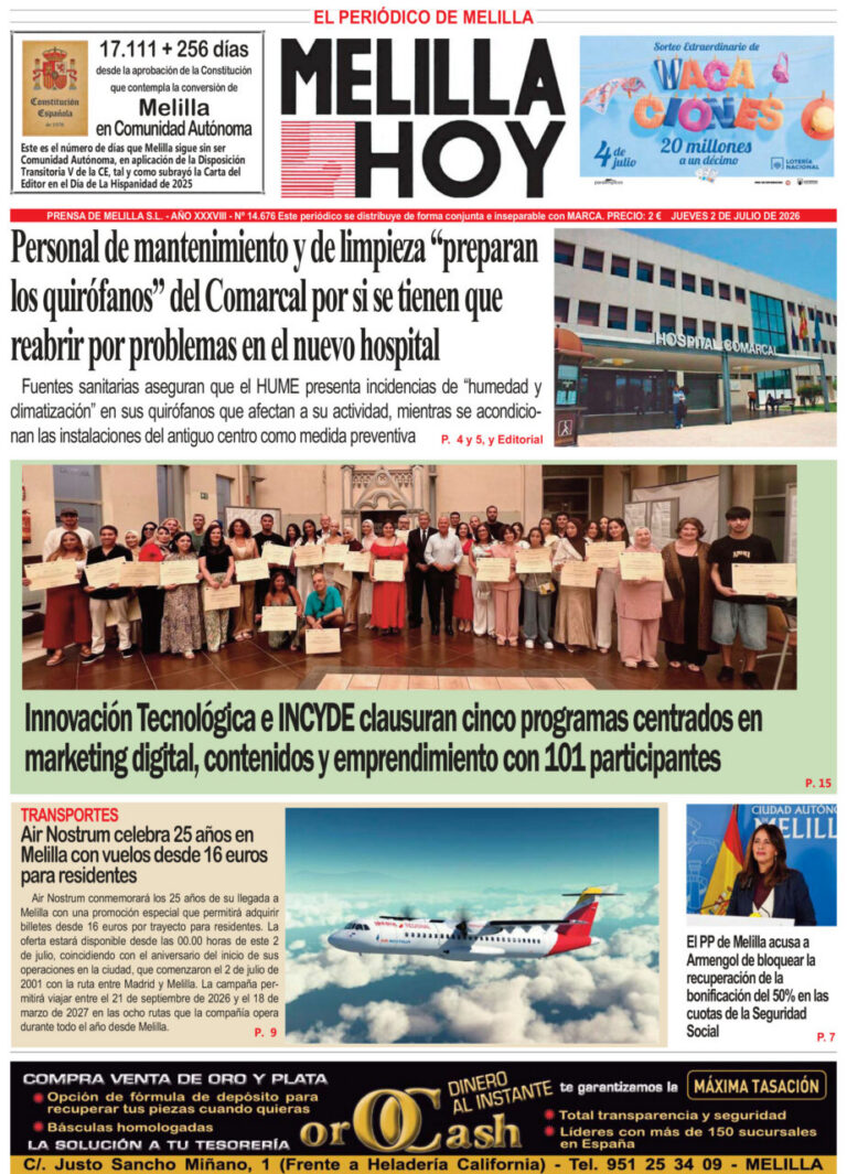 Portada del periódico Melilla Hoy del 2 de julio de 2026