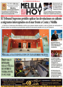 Front page of Melilla Hoy newspaper featuring the bold main headline about the Supreme Court prohibiting hot returns of migrants near Ceuta and Melilla, with a photo of a tanatorio interior and smaller side stories.