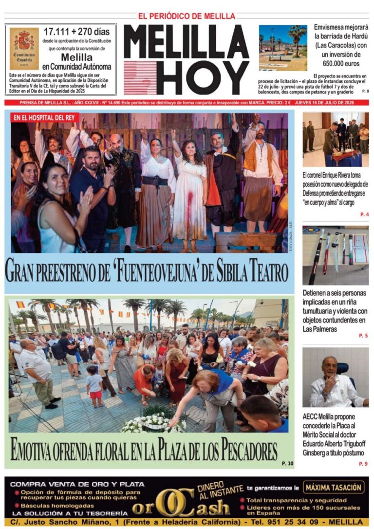 Portada del periódico Melilla Hoy del 16 de julio de 2026