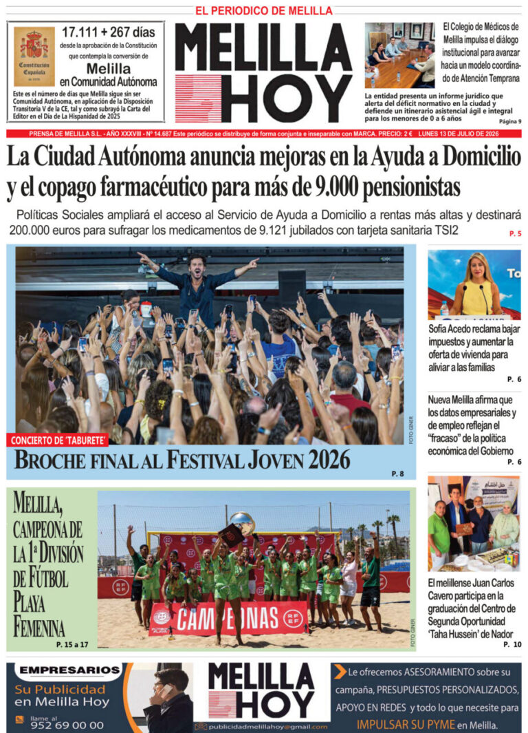 Portada del periódico Melilla Hoy del 13 de julio de 2026