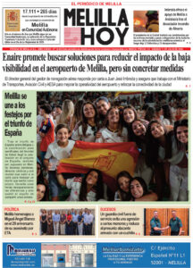 Front page of Melilla Hoy with a large headline about addressing low visibility at Melilla airport; main photo shows smiling young people gathered together, holding a Spanish flag in a celebratory setting.