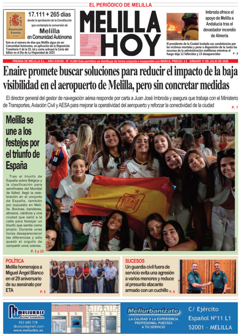 Front page of Melilla Hoy with a large headline about addressing low visibility at Melilla airport; main photo shows smiling young people gathered together, holding a Spanish flag in a celebratory setting.