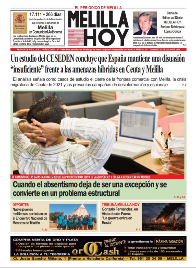 Portada del periódico Melilla Hoy del 12 de julio de 2026 con titulares destacados.