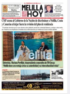 Front page of Melilla Hoy newspaper with the main headline about government discrimination and a photo of two people in a TV interview on a stage with a large Melilla sign.