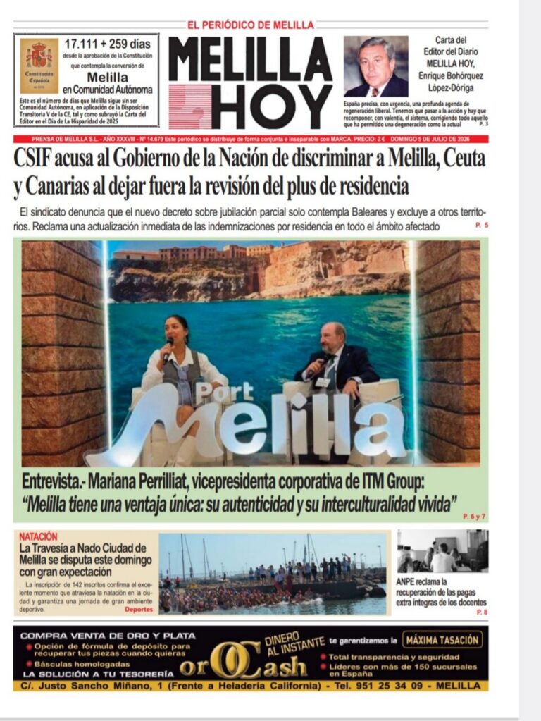 Front page of Melilla Hoy newspaper with the main headline about government discrimination and a photo of two people in a TV interview on a stage with a large Melilla sign.